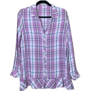J. Jill Long Sleeve Plaid Long Sleeve Button Down With Ruffle Hem